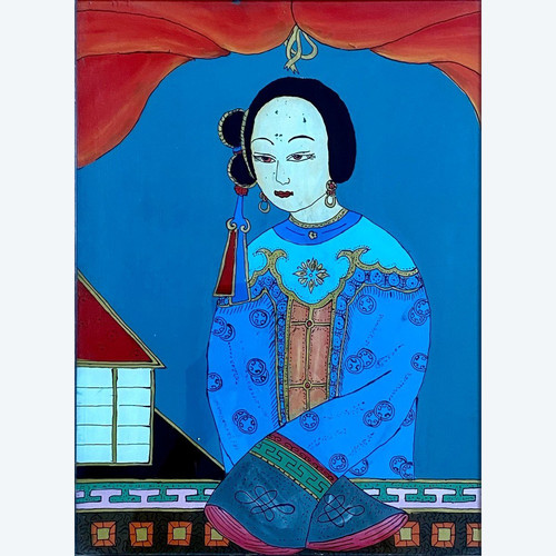 China, 1920s, Glass Painting Depicting a Court Lady in Traditional Dress