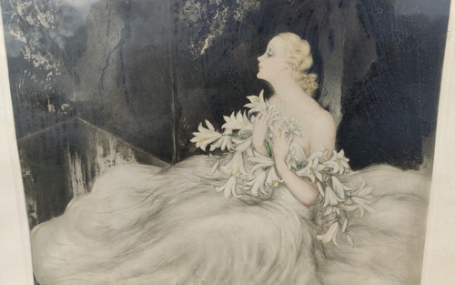 Old large framed lithograph The Lady with the Lilies Louis Icart Old large framed lithograph