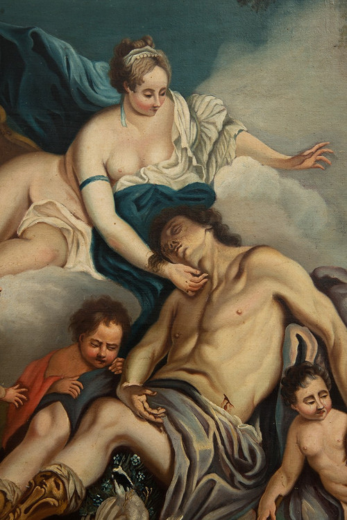 Old Oil Painting on Canvas Representing Venus and Adonis. France 18th Century.