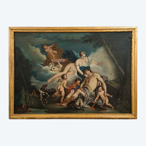 Old Oil Painting on Canvas Representing Venus and Adonis. France 18th Century.