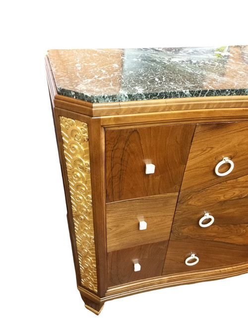 Art Deco Curved Chest of Drawers in Rosewood and Gilded Wood