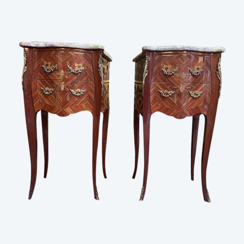 Pair of Louis XV style marquetry bedside tables - Transition