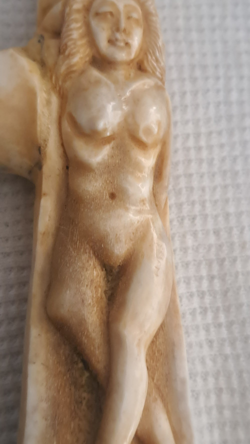 Erotic bovine bone carved cane knob