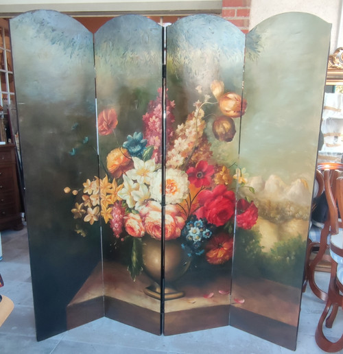 Antique Oil Painted Decorative Screen Bouquet De Fleurs Nature Morte 4 panels