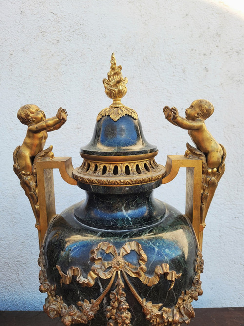 Pair Of Large Bronze And Marble Cassolettes, Napoleon III, 19th Century