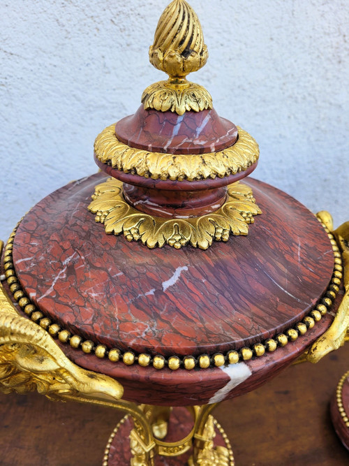 Pair Of Red Marble And Bronze Cassolettes, 19th Century