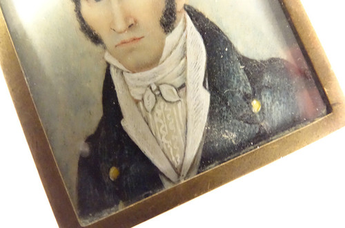 Small Miniature Painted Portrait Gentleman Embroidered Initials Empire 19th century