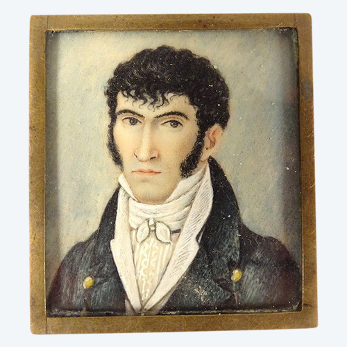 Small Miniature Painted Portrait Gentleman Embroidered Initials Empire 19th century