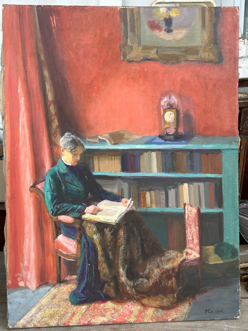 Mèryem Cardot XXéme Huile Sur Toile - Scène D'intérieur - Femme à La Lecture About 1940