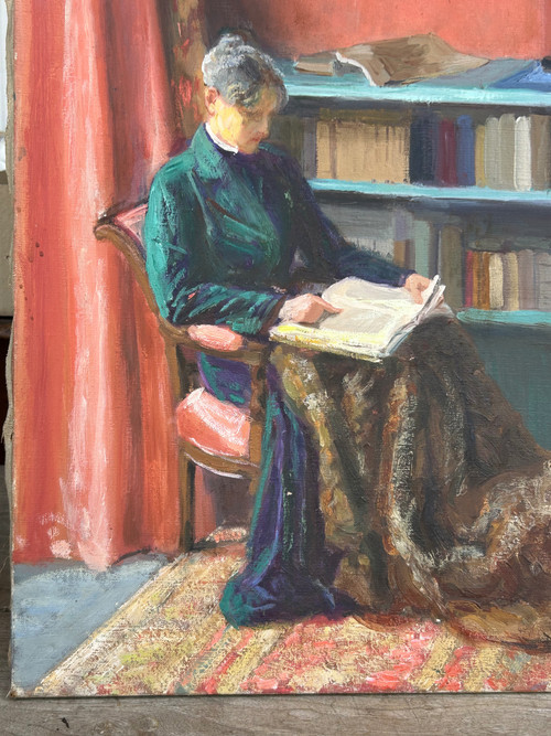 Mèryem Cardot XXéme Huile Sur Toile - Scène D'intérieur - Femme à La Lecture About 1940