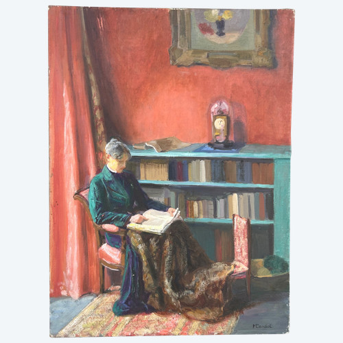 Mèryem Cardot XXéme Huile Sur Toile - Scène D'intérieur - Femme à La Lecture About 1940