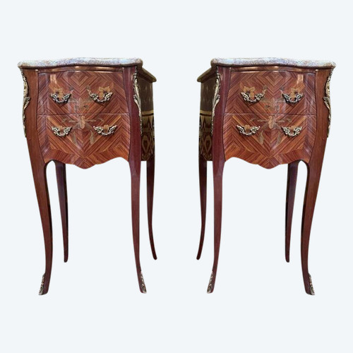 Pair of Louis XV/Transition style bedside tables in marquetry