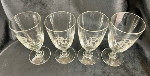 Superb Set of 4 Red Wine Glasses in Crystal Monogrammed "CR" - 19th Century