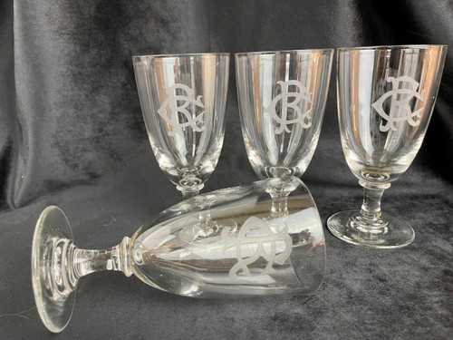 Superb Set of 4 Red Wine Glasses in Crystal Monogrammed "CR" - 19th Century