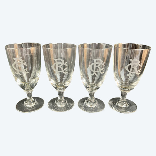 Superb Set of 4 Red Wine Glasses in Crystal Monogrammed "CR" - 19th Century