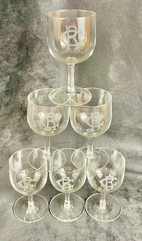 Lot de 6 Verres à Vin Blanc en Cristal Monogrammé "CR" – 19ème Siècle