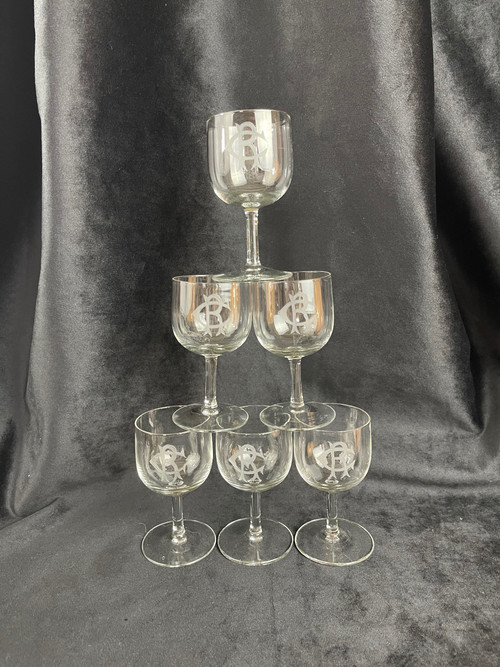 Lot de 6 Verres à Vin Blanc en Cristal Monogrammé "CR" – 19ème Siècle