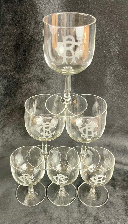 Lot de 6 Verres à Vin Blanc en Cristal Monogrammé "CR" – 19ème Siècle