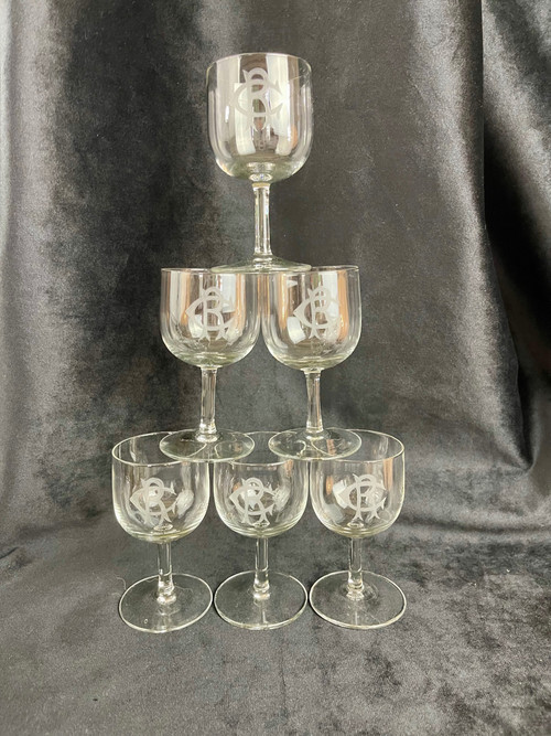 Lot de 6 Verres à Vin Blanc en Cristal Monogrammé "CR" – 19ème Siècle