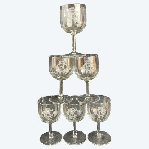 Lot de 6 Verres à Vin Blanc en Cristal Monogrammé "CR" – 19ème Siècle