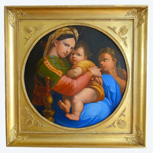 La Vierge à la Chaise d'après Raphaël, grande huile sur toile d'époque 1820 - 91cm x 91cm