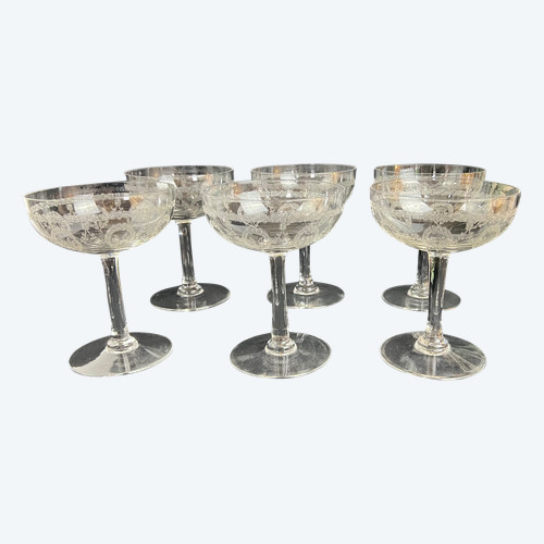 Set of 6 Cristal de Saint Louis Champagne Coupes - Christmas Service, Cristal de Roche Engraving