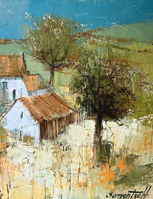 Michel Sementzeff (1933-2019), Tableau Paysage De Campagne "refuge Champêtre.