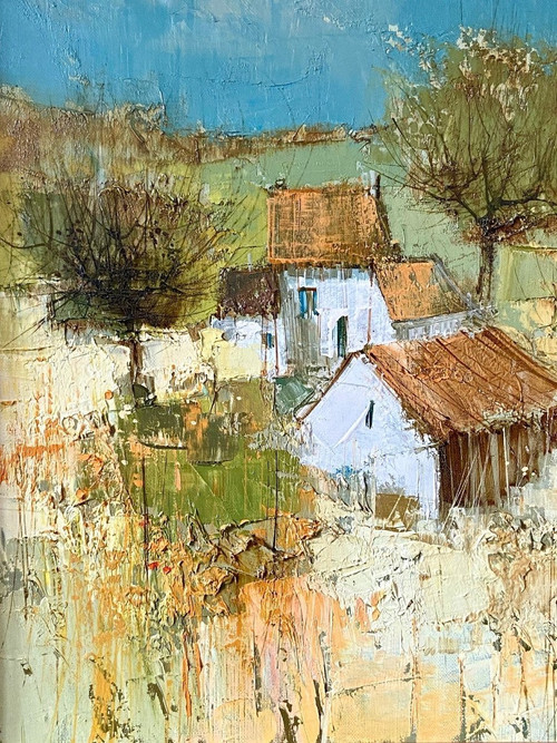 Michel Sementzeff (1933-2019), Tableau Paysage De Campagne "refuge Champêtre.