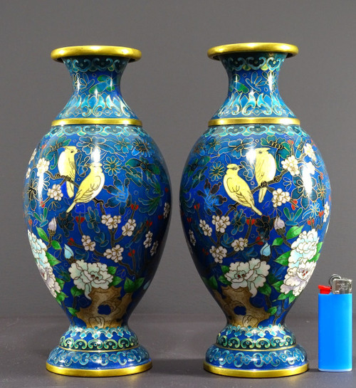 China, 1950s/1960s, Pair Of Cloisonné Enamel Baluster Form Vases with Floral Design.