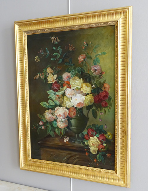 Bouquet di fiori / rose, natura morta - Scuola di Lione, XIX secolo - 104 cm x 76,5 cm