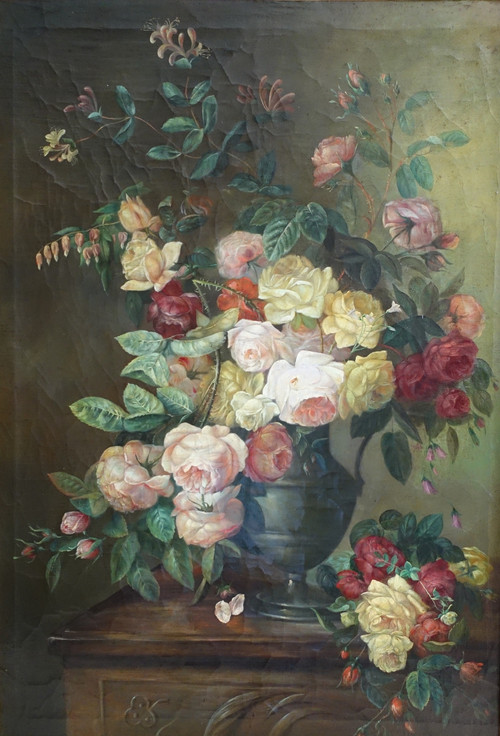 Bouquet di fiori / rose, natura morta - Scuola di Lione, XIX secolo - 104 cm x 76,5 cm