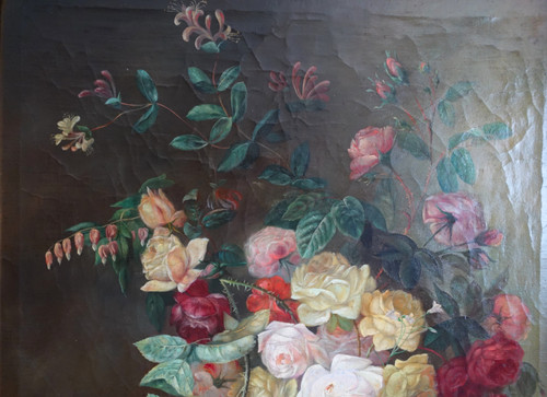 Bouquet di fiori / rose, natura morta - Scuola di Lione, XIX secolo - 104 cm x 76,5 cm