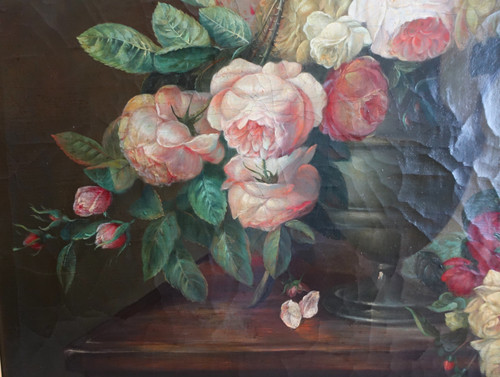 Bouquet di fiori / rose, natura morta - Scuola di Lione, XIX secolo - 104 cm x 76,5 cm