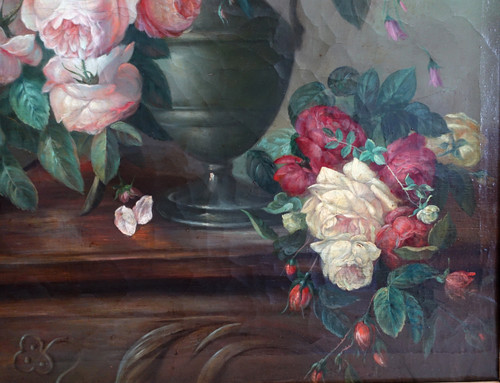 Bouquet di fiori / rose, natura morta - Scuola di Lione, XIX secolo - 104 cm x 76,5 cm