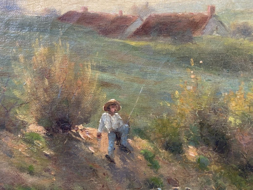 Paysage De Campagne Fin XIXème, Pêcheur à La Rivière, Signé Georges Lavaux, Cadre Doré