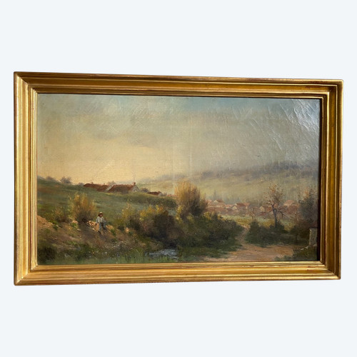 Paysage De Campagne Fin XIXème, Pêcheur à La Rivière, Signé Georges Lavaux, Cadre Doré