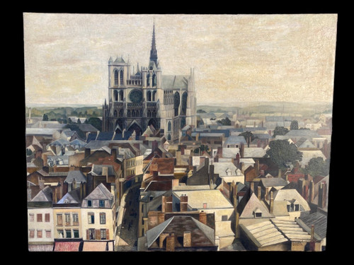 Grande Vue D Amiens Vers 1950, Huile Sur Toile, Somme, Cathédrale,Toitures