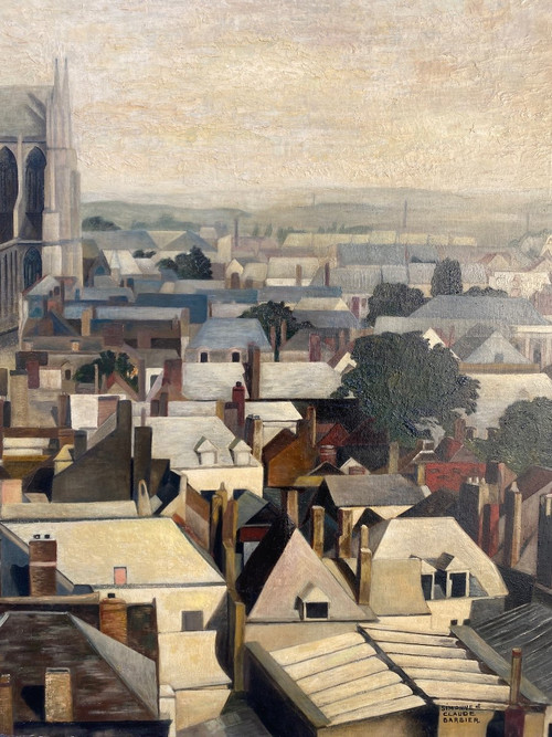 Grande Vue D Amiens Vers 1950, Huile Sur Toile, Somme, Cathédrale,Toitures