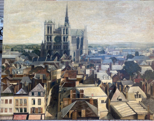 Grande Vue D Amiens Vers 1950, Huile Sur Toile, Somme, Cathédrale,Toitures