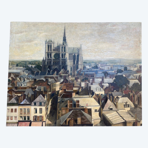 Grande Vue D Amiens Vers 1950, Huile Sur Toile, Somme, Cathédrale,Toitures