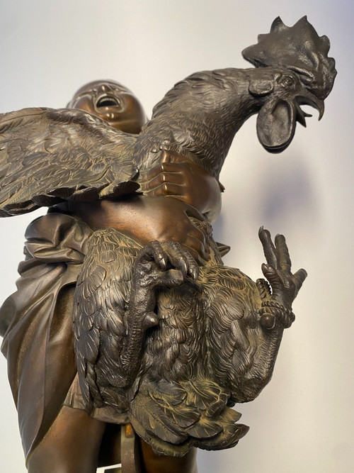 Large 19th-century Bronze Sculpture, "L'enfant au coq" signed Adriano CECIONI (1838-1886)