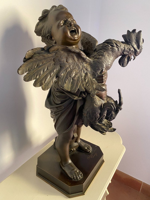 Large 19th-century Bronze Sculpture, "L'enfant au coq" signed Adriano CECIONI (1838-1886)