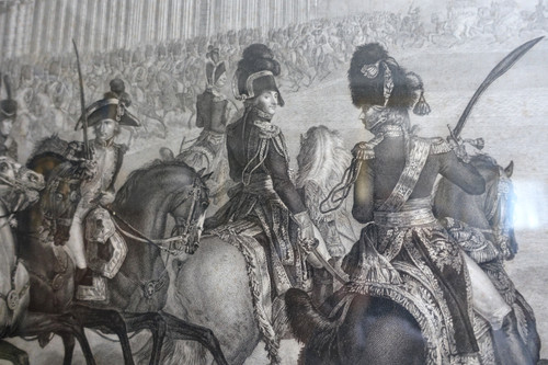 Grande gravure napoléonienne : revue du Général Bonaparte 1er Consul aux Tuileries, Vernet Isabey