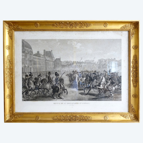 Grande gravure napoléonienne : revue du Général Bonaparte 1er Consul aux Tuileries, Vernet Isabey