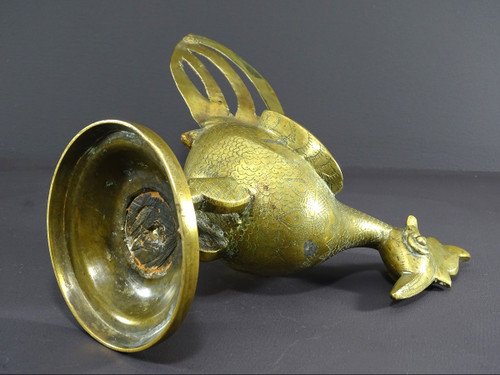 India, 19th Century, Indo-Persian Style Bronze and Brass Rooster Standing Proudly on a Base.