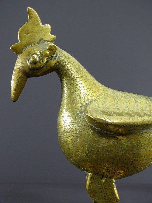 India, 19th Century, Indo-Persian Style Bronze and Brass Rooster Standing Proudly on a Base.