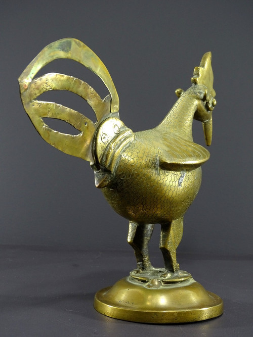 India, 19th Century, Indo-Persian Style Bronze and Brass Rooster Standing Proudly on a Base.