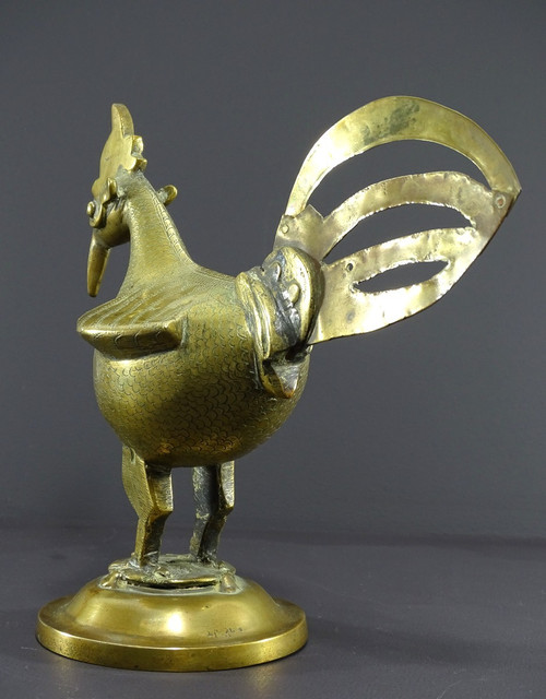 India, 19th Century, Indo-Persian Style Bronze and Brass Rooster Standing Proudly on a Base.