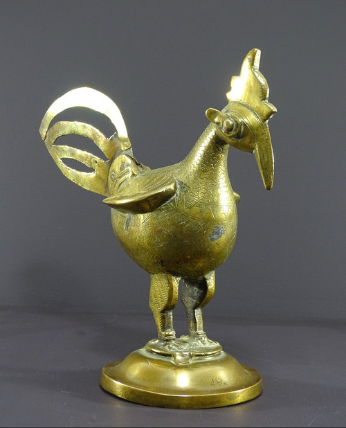 India, 19th Century, Indo-Persian Style Bronze and Brass Rooster Standing Proudly on a Base.