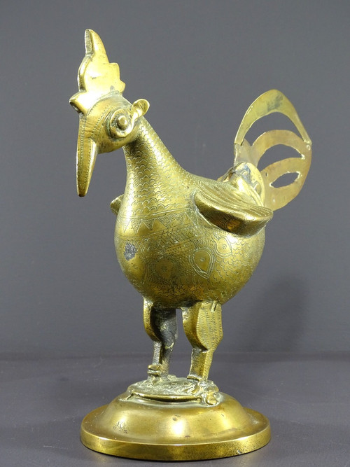 India, 19th Century, Indo-Persian Style Bronze and Brass Rooster Standing Proudly on a Base.